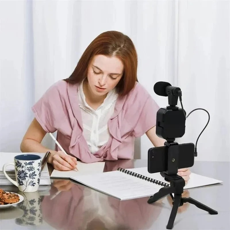 3-in-1 Vlogging Kit – Tripod Stand + LED Fill Light + Microphone Set for Mobile