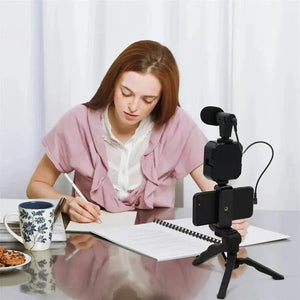 3-in-1 Vlogging Kit – Tripod Stand + LED Fill Light + Microphone Set for Mobile