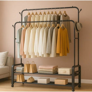 Heavy Duty Hanging Cloth Rack (48KG) – Double Rod Garment Stand with Wheels & Storage Shelf
