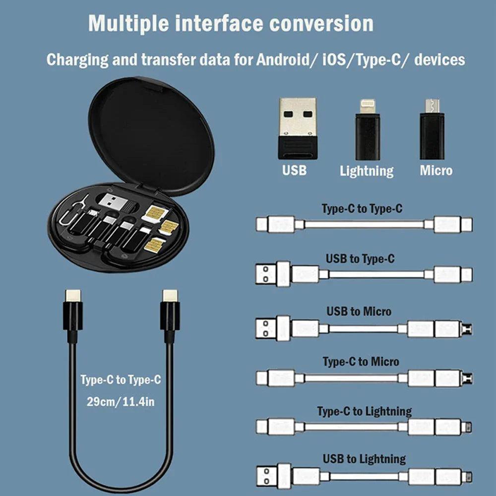 5-in-1 Data USB Charging Cable Storage Box – Multi Cable Kit with SIM Adapter & Ejector Pin