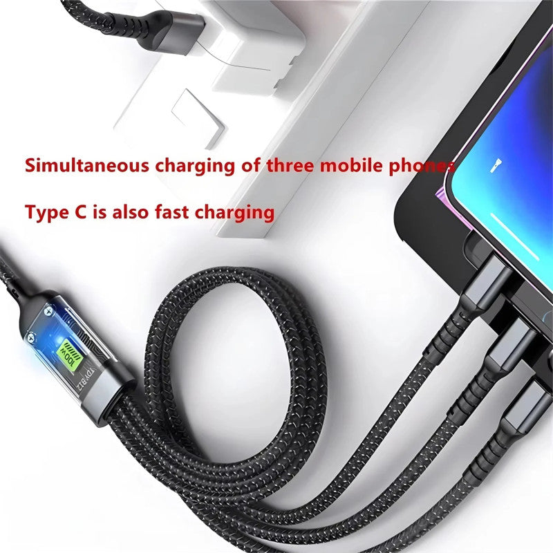 3-in-1 Fast Charging Cable 100W – Multi USB Cable with LED Display (Type-C, Lightning, Micro USB)