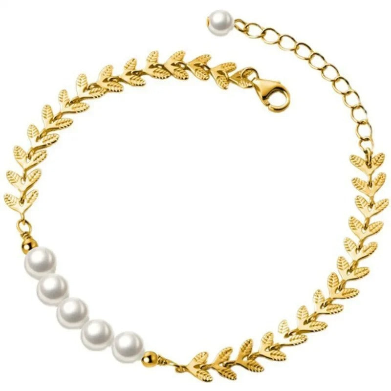 Golden Bracelet for Women – Elegant Leaf & Pearl Design Hand Jewelry