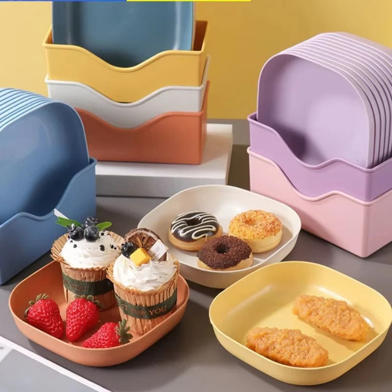 10PCS Plate Set with Stand – Multi-Color Snack Plates with Storage Holder | Durable Serving Dish Set