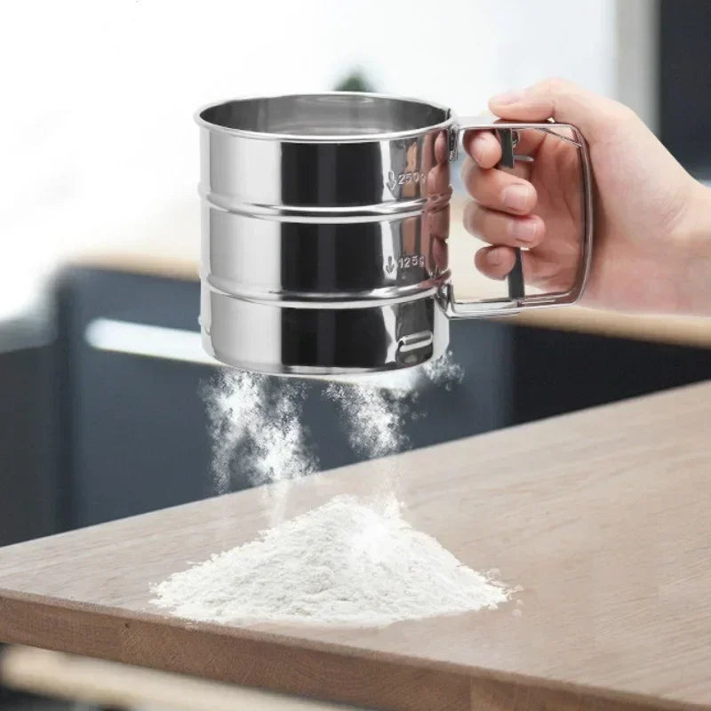 Stainless Steel Flour Sifter – Hand Press Baking Tool | Fine Mesh Atta & Sugar Sieve Cup