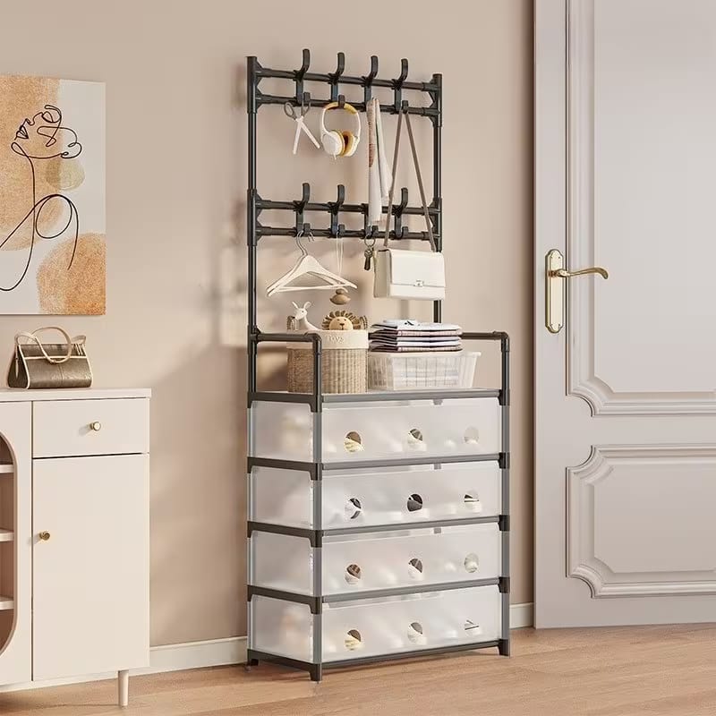 Multi-Functional Dust Proof Shoe Rack with Coat & Hat Stand – Space Saving Organizer with Drawers