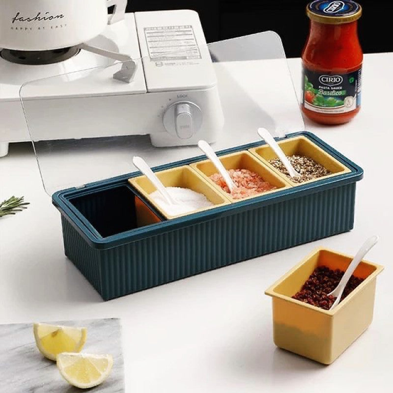 4 Partition Spice Box with Lid & Spoons – Kitchen Masala Organizer | Multipurpose Condiment Storage Container