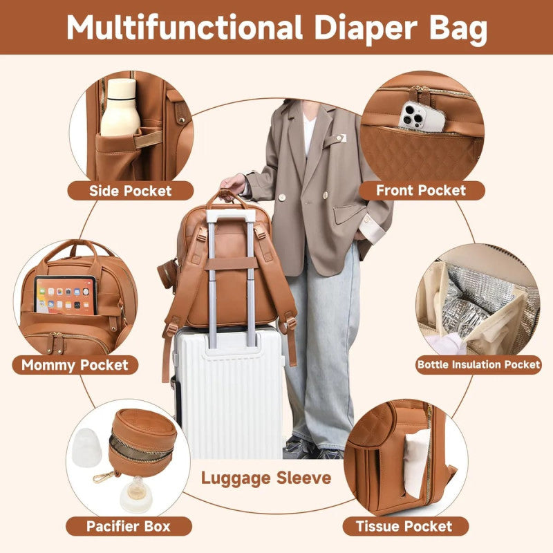 PU Baby Diaper Bag Backpack with Multifunction Diapers Changing Station