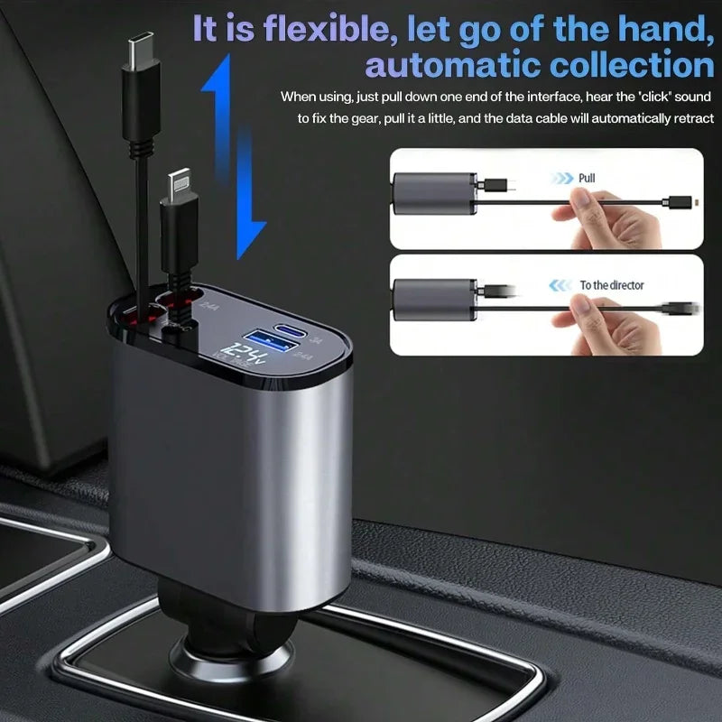 4-in-1 Retractable Car Charger – Fast Charging Multi Cable Car Adapter (Type-C, iPhone, USB)