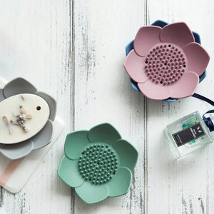 Pack of 3 Silicone Flower Soap Holder with Brush Base – Anti-Slip Self Draining Soap Dish