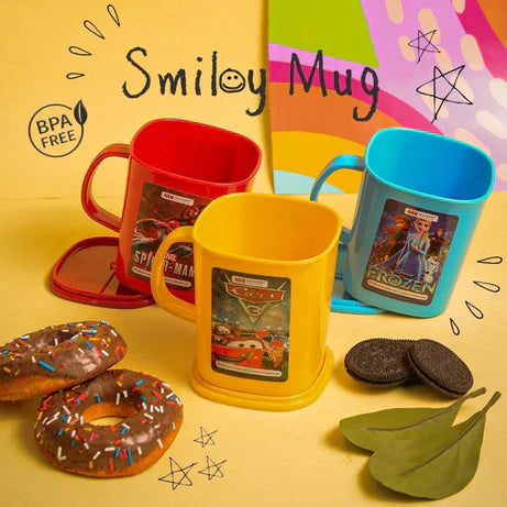 Pack of 2 Smiley Mug with Lid – BPA Free Kids Cartoon Mug (Leak-Resistant Cover)