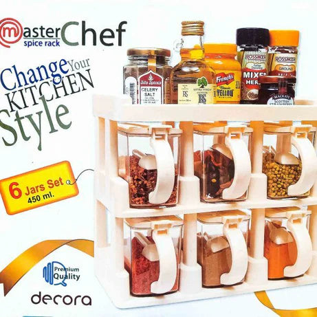 Master Chef Spice Jar Set (6 Pcs) – Kitchen Masala Organizer with Rack & Spoon