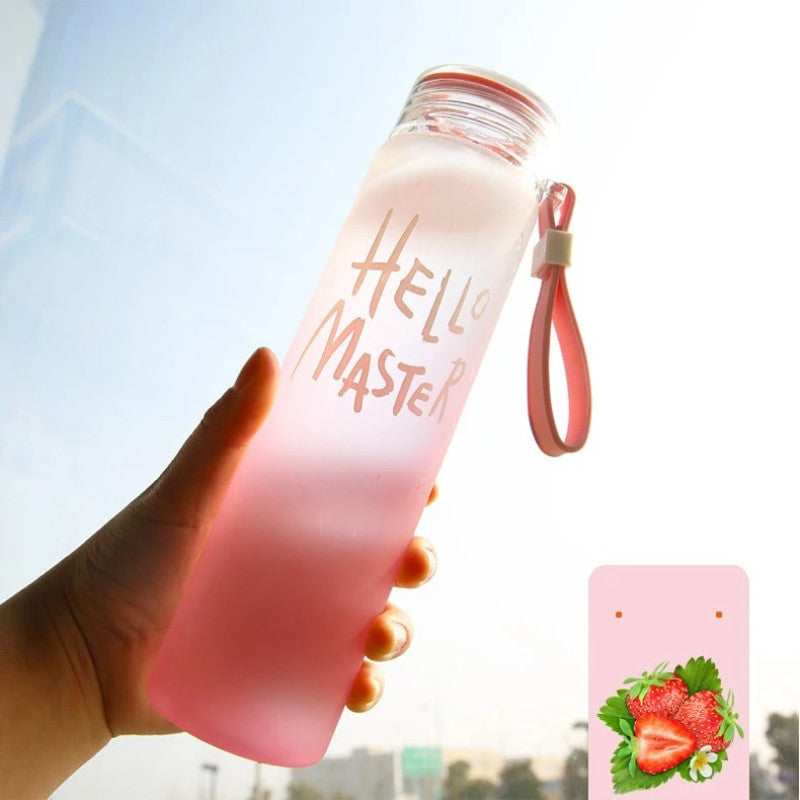 Hello Master Glass Bottle – Gradient Frosted Water Bottle with Strap