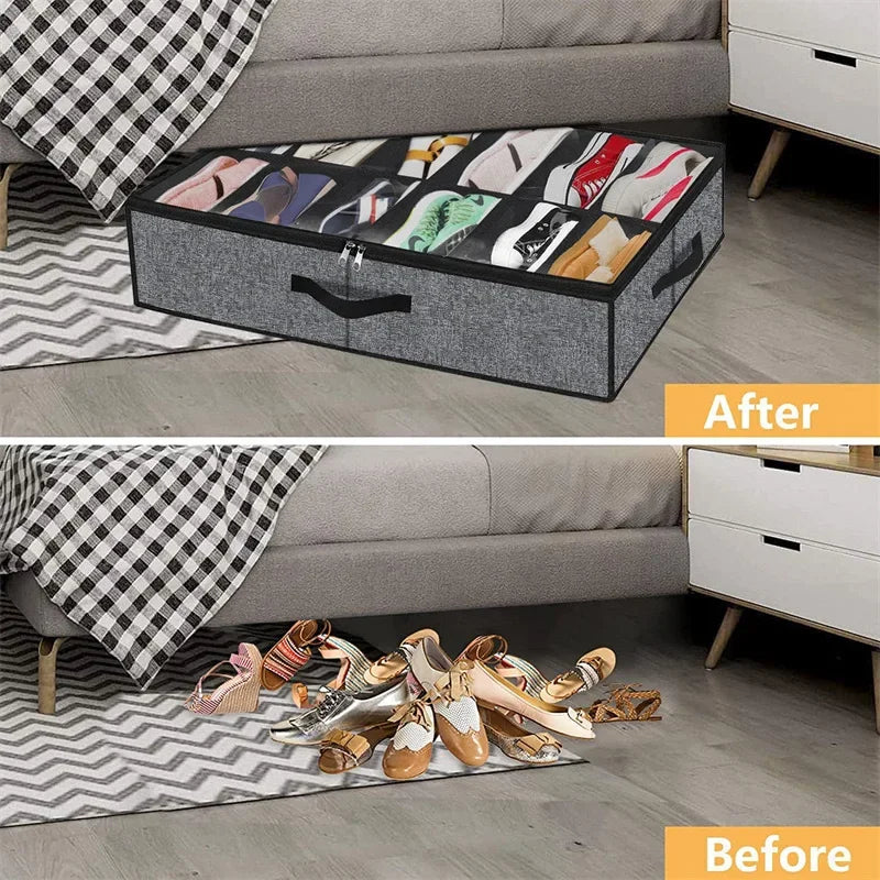 Pack of 2 Under Bed Shoe Organizer – Foldable Shoes Storage Bag with Transparent Cover