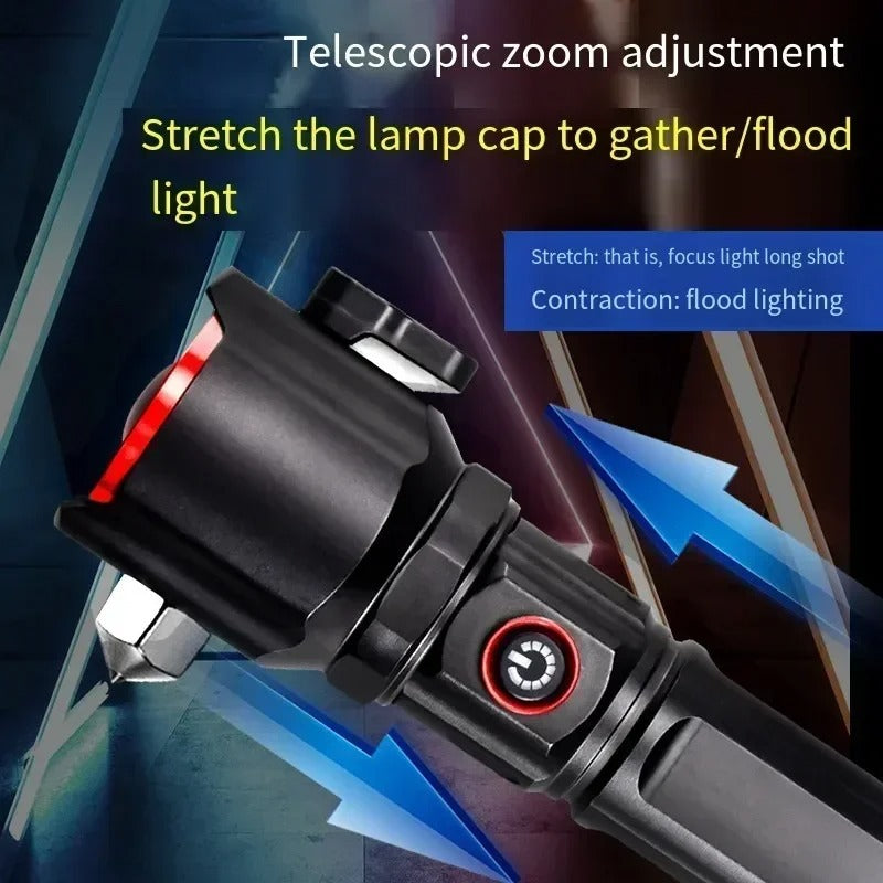 Rechargeable Metal Torch with Safety Hammer – LED Flashlight for Emergency, Car & Outdoor Use