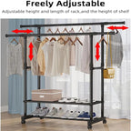 Heavy Duty Clothes Rack with Shoe Shelf (50KG) – Industrial Metal Garment Stand with Wheels