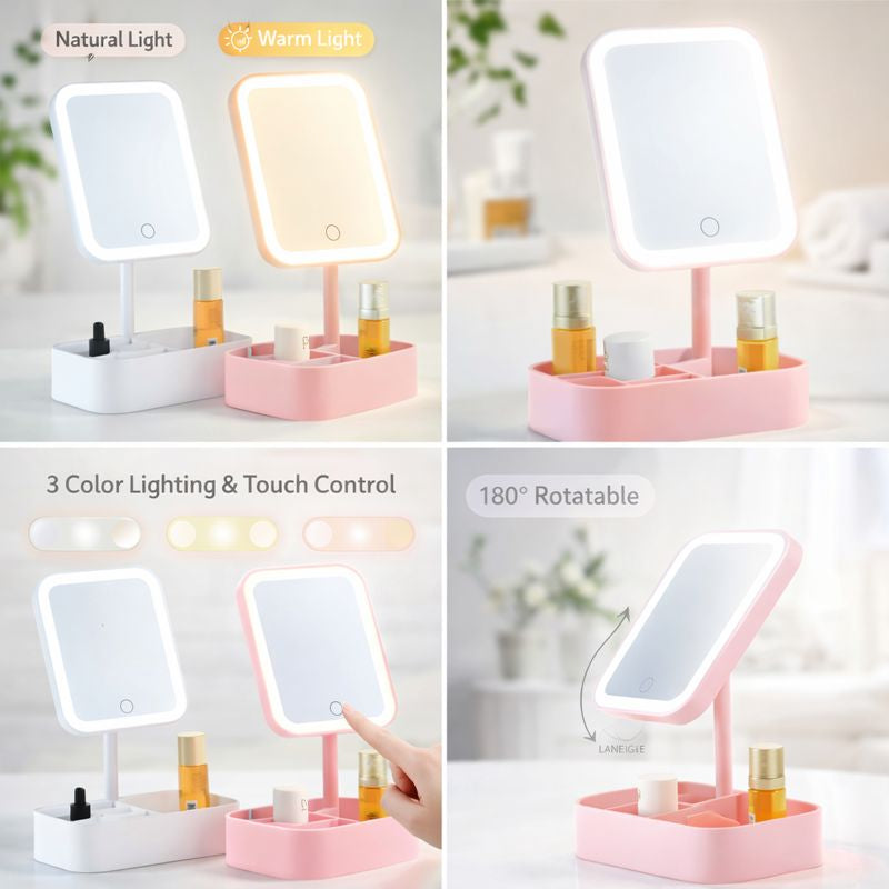 LED Makeup Mirror with Storage Base – Touch Control 3 Light Modes