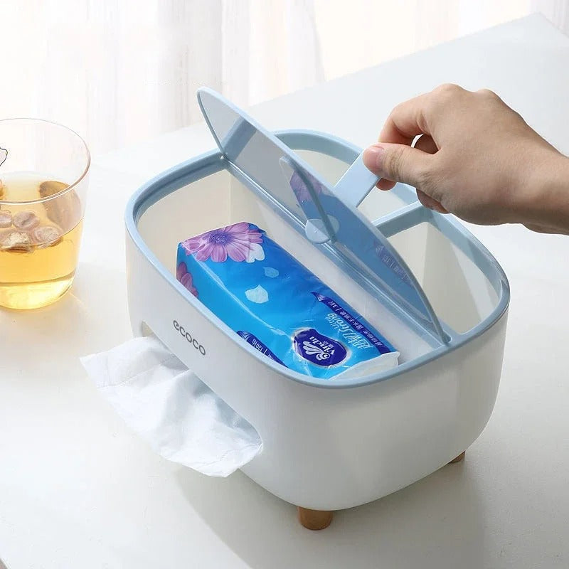 Multifunctional Tissue Box Holder with Remote Storage – Plastic Organizer Stand