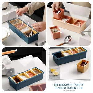 4 Partition Spice Box with Lid & Spoons – Kitchen Masala Organizer | Multipurpose Condiment Storage Container