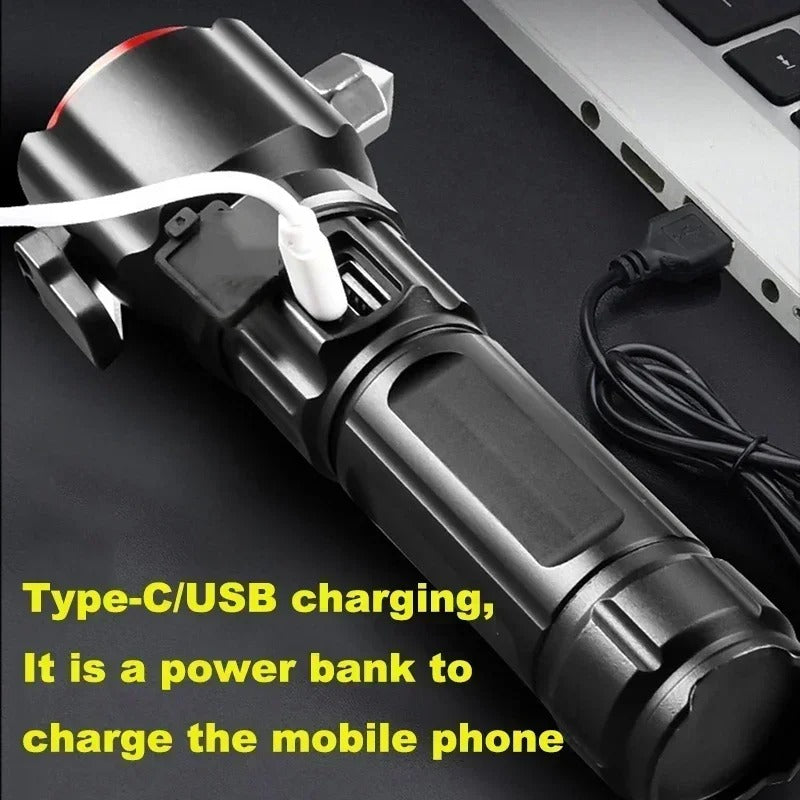 Rechargeable Metal Torch with Safety Hammer – LED Flashlight for Emergency, Car & Outdoor Use
