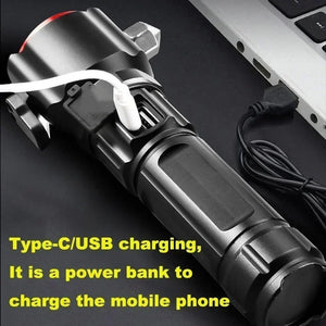 Rechargeable Metal Torch with Safety Hammer – LED Flashlight for Emergency, Car & Outdoor Use