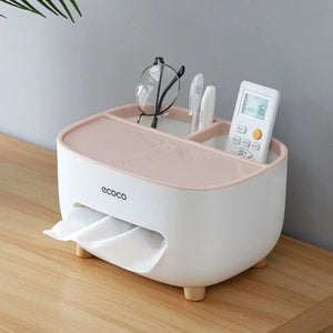 Multifunctional Tissue Box Holder with Remote Storage – Plastic Organizer Stand