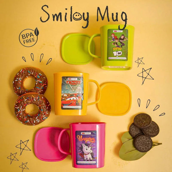 Pack of 2 Smiley Mug with Lid – BPA Free Kids Cartoon Mug (Leak-Resistant Cover)