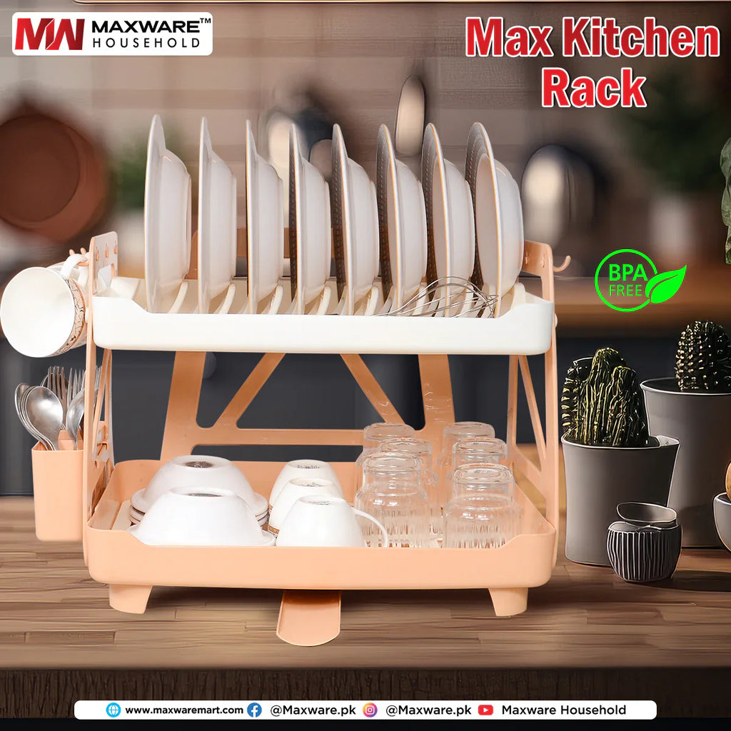 Max Kitchen Plate Stand – 2 Tier Dish Drying Rack with Drain Tray | BPA-Free Kitchen Organizer