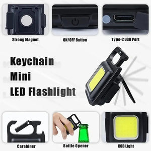 Pack of 2 Mini Keychain COB LED Light – Rechargeable Pocket Flashlight with Bottle Opener & Stand