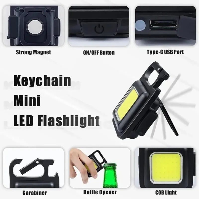 Pack of 2 Mini Keychain COB LED Light – Rechargeable Pocket Flashlight with Bottle Opener & Stand