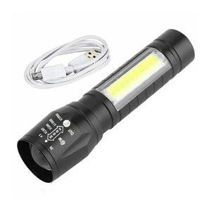Mini USB Rechargeable Flashlight – COB LED Zoom Torch with Side Light (3 Modes)