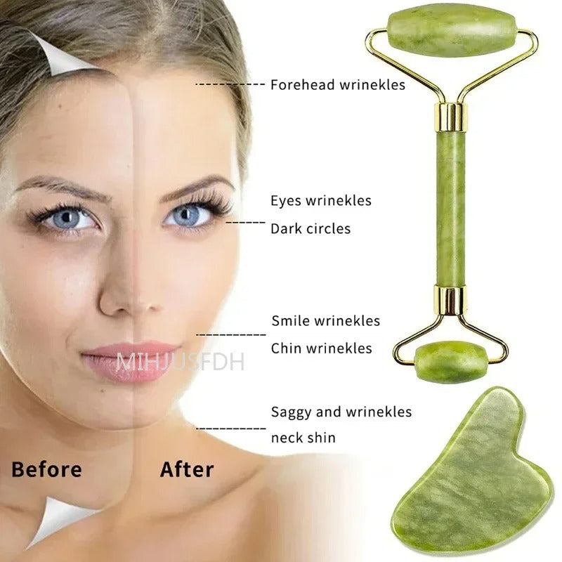 Jade Roller 2 in 1 Set – Face Massager & Gua Sha Tool for Skin Lifting & Glow