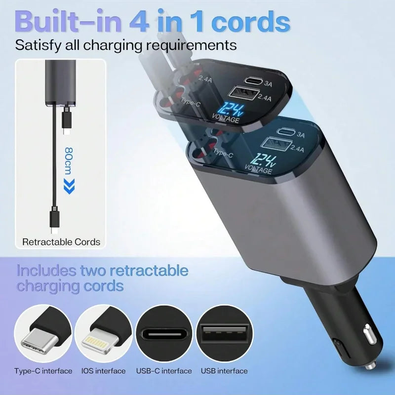 4-in-1 Retractable Car Charger – Fast Charging Multi Cable Car Adapter (Type-C, iPhone, USB)