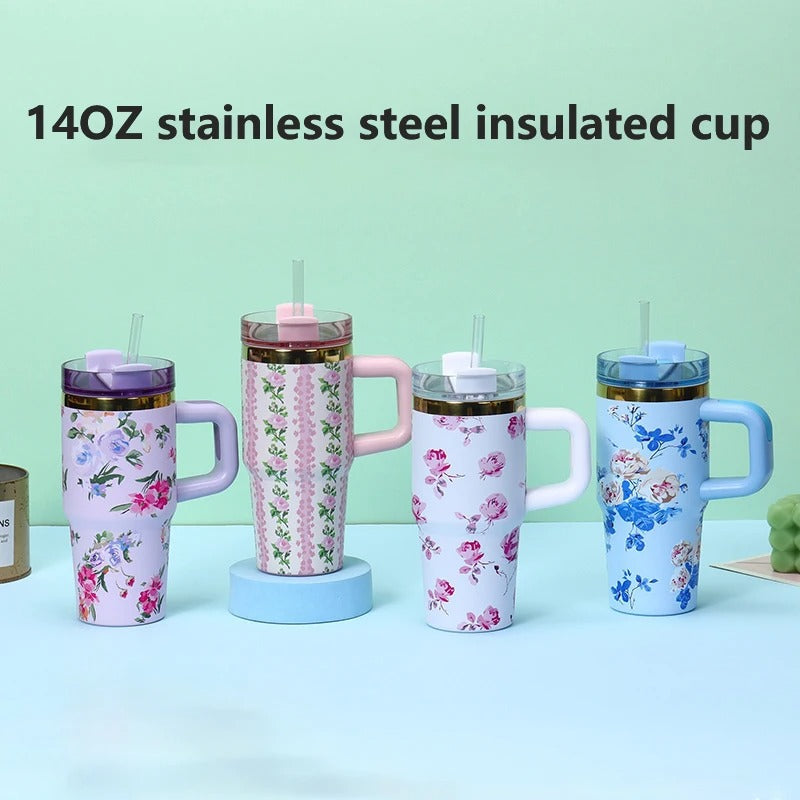 Floral Tumbler with Handle – Insulated Flower Design Cup with Straw