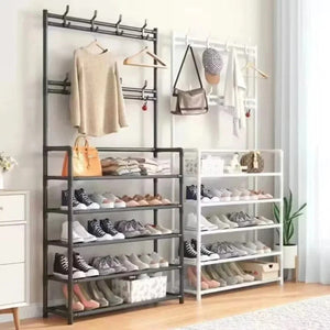 5 Layer Steel Shoe Rack Organizer – Multi-Tier Storage with Hangers & Shelves