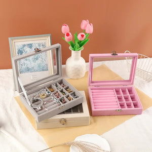 Velvet Glass Jewelry Organizer Box – Ring & Earring Display Storage Case