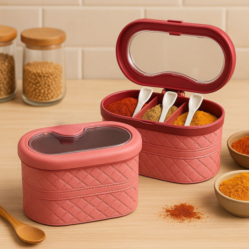 3 Partition Spice Box – Airtight Masala Organizer with Spoon Set