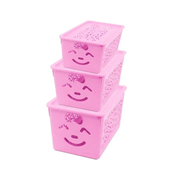 Smiley Storage Box Set (3 Pcs) – Multi Size Organizer with Lid | Cute Plastic Storage Bins