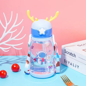 Kids Horn Water Bottle – Cute Cartoon Straw Bottle with Strap (Leakproof & BPA Free)