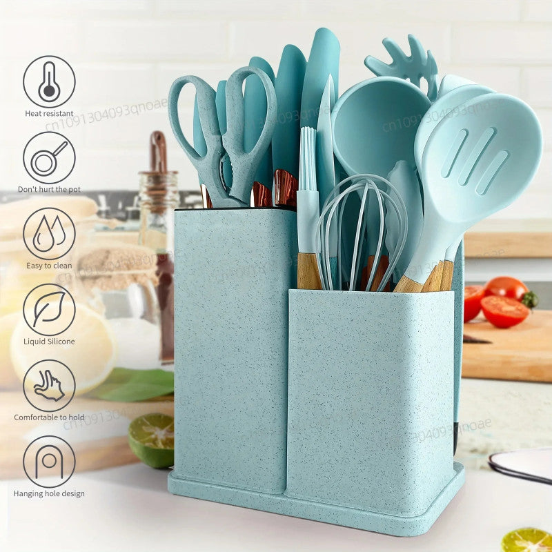 Silicone Spoon Set with Knife Set – Kitchen Utensils Set with Holder