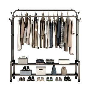 Heavy Duty Hanging Cloth Rack (48KG) – Double Rod Garment Stand with Wheels & Storage Shelf