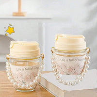 Cute Straw Glass Cup with Pearl Handle – Leakproof Aesthetic Drinking Cup