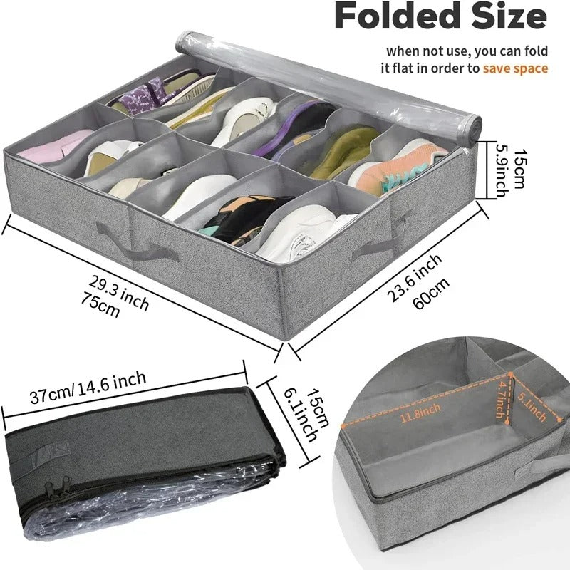 Pack of 2 Under Bed Shoe Organizer – Foldable Shoes Storage Bag with Transparent Cover
