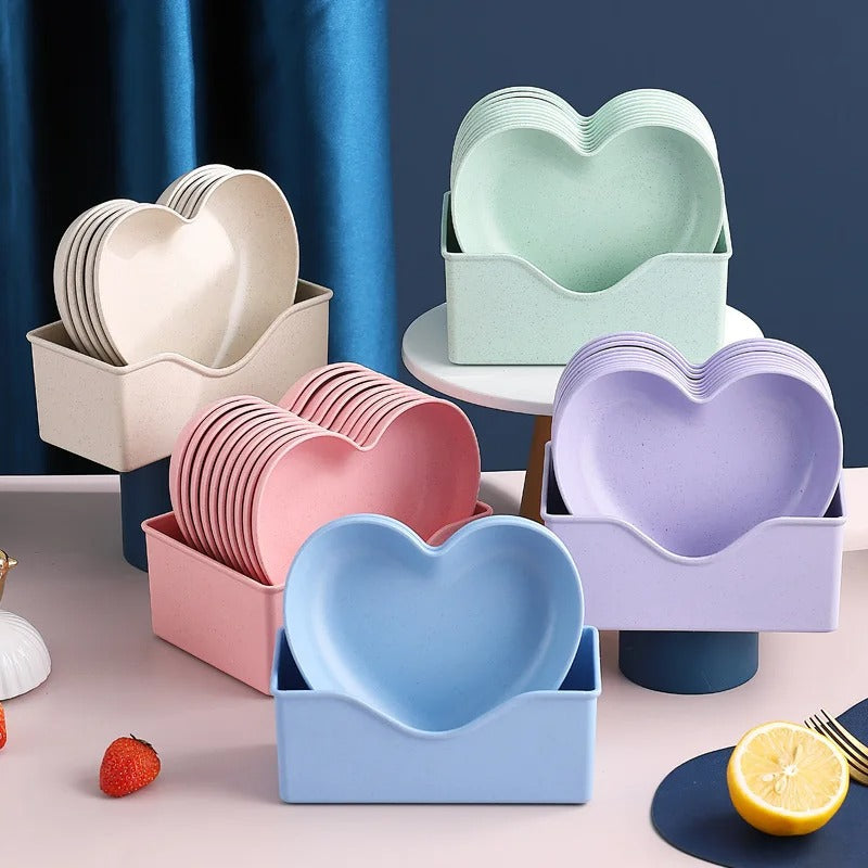Pack of 10 Heart Shape Plate Set with Stand – Cute Snack & Dessert Plates | Multi-Color Serving Bowls Set