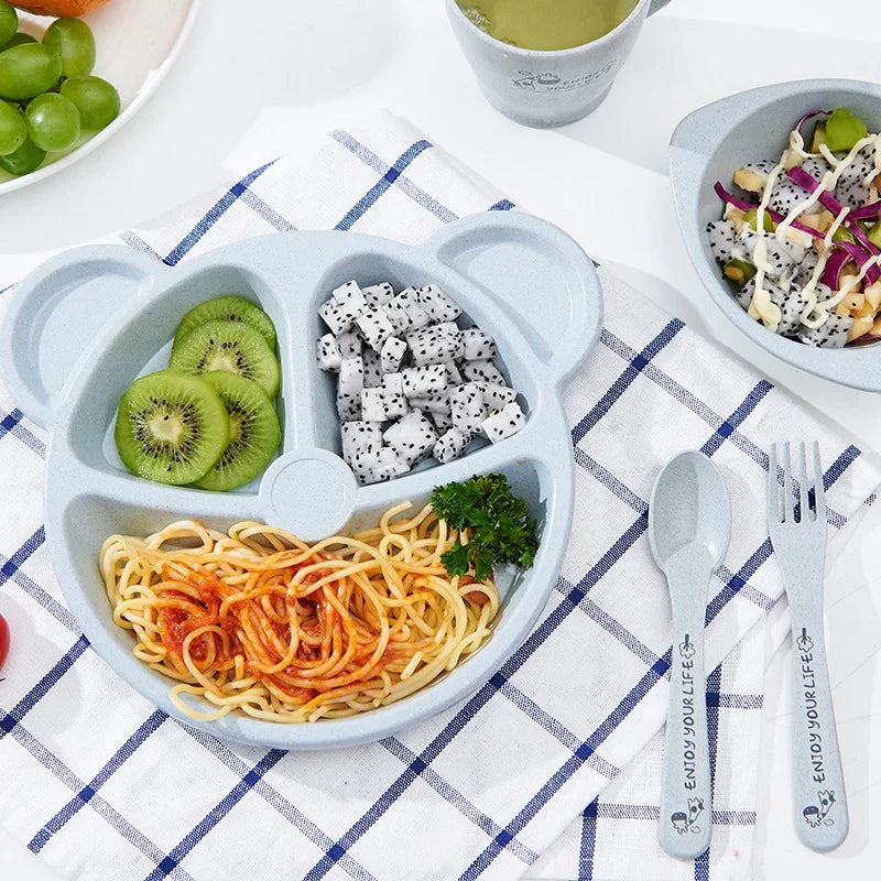 Panda Shape Baby Feeding Set (5pcs) – Kids Divided Plate with Spoon & Fork | Cute BPA Free Dinner Set