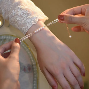 Golden Bracelet for Women – Elegant Leaf & Pearl Design Hand Jewelry