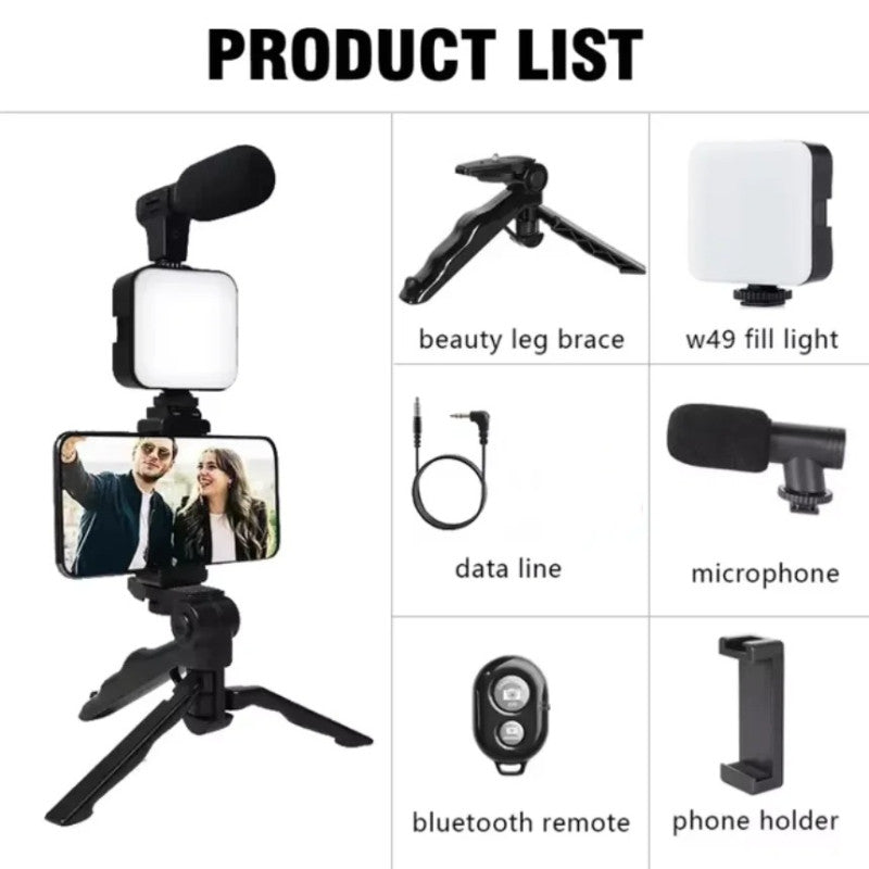 3-in-1 Vlogging Kit – Tripod Stand + LED Fill Light + Microphone Set for Mobile
