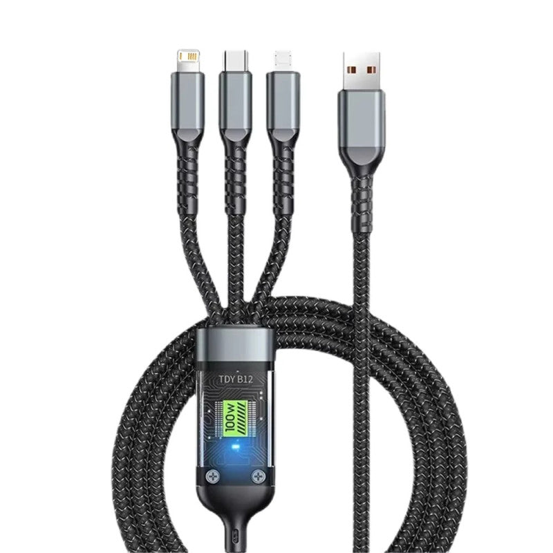 3-in-1 Fast Charging Cable 100W – Multi USB Cable with LED Display (Type-C, Lightning, Micro USB)