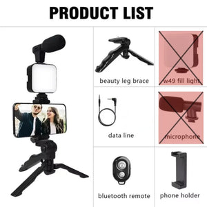 3-in-1 Vlogging Kit – Tripod Stand + LED Fill Light + Microphone Set for Mobile