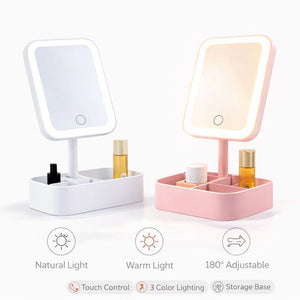 LED Makeup Mirror with Storage Base – Touch Control 3 Light Modes