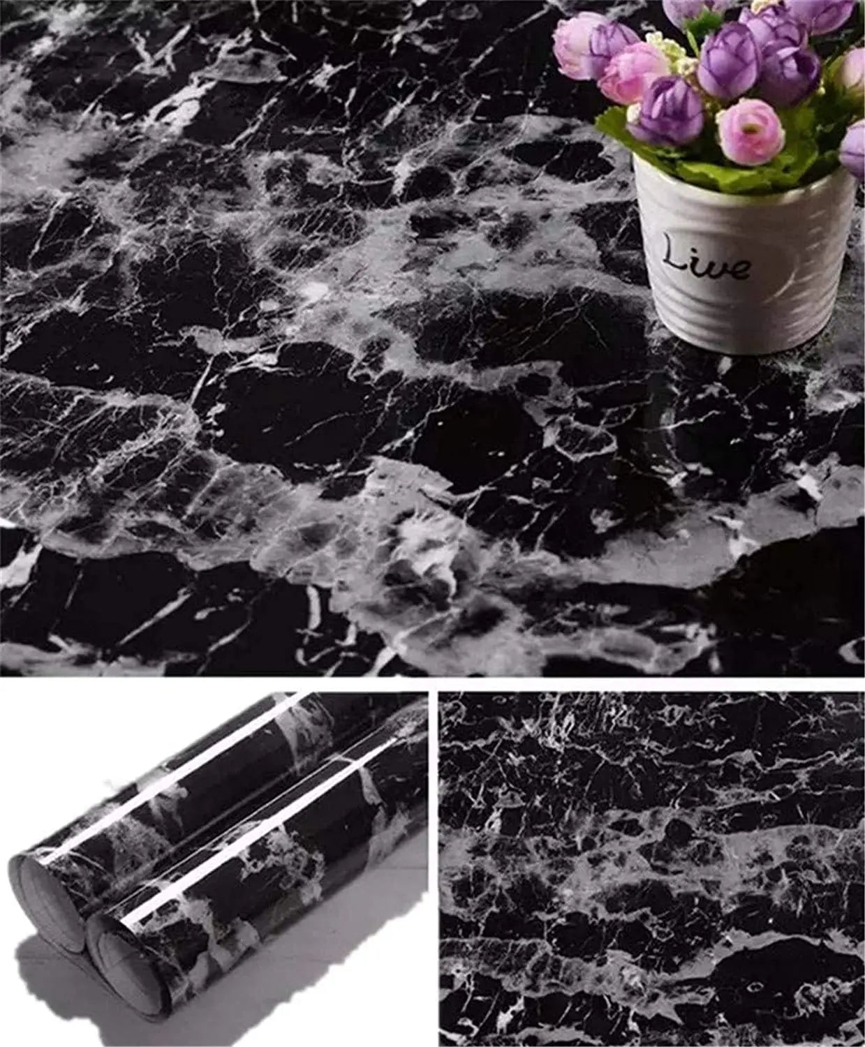 Black Marble Sticker Sheet (60x200cm) – Self Adhesive Waterproof PVC Kitchen Countertop & Cabinet Cover